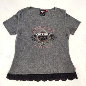 Victory Motorcycles Women's T-Shirt Spade Skull w/Rhinestones & Lace Hem Size L
